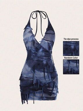 SHEIN Blue Tie Dye Mesh Strappy Bodycon Mini Dress S V-Neck Sleeveless